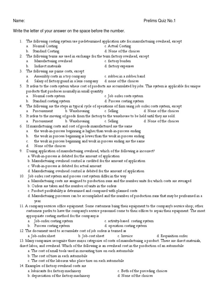 Cost Accounting Quiz No 1docx PDF Free PDF Cost Of Goods Sold Cost