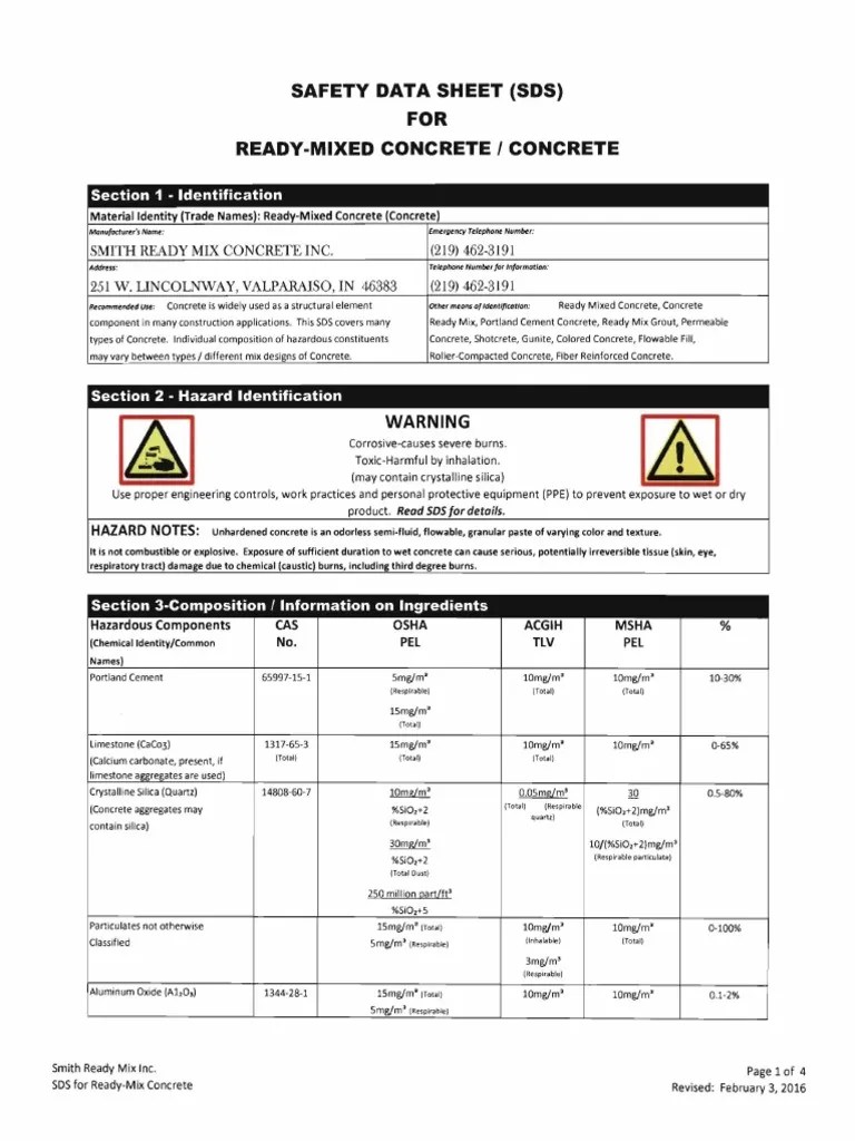 Safety Data Sheet For Ready Mix Concrete PDF Concrete Resource