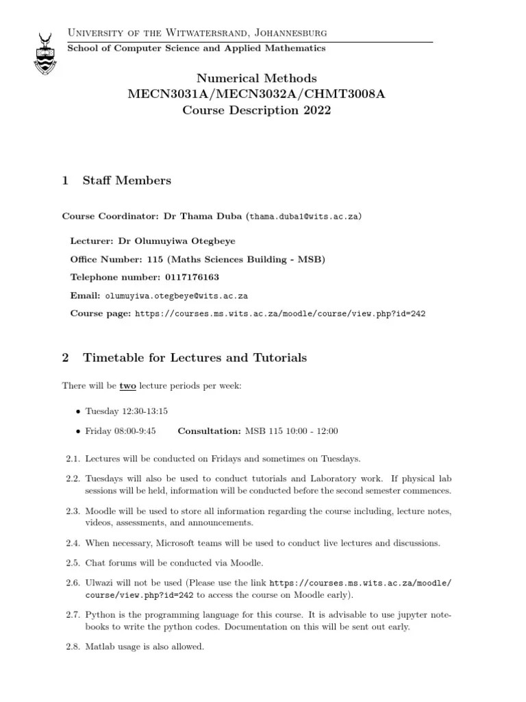 Numerical Methods Course Outline PDF Numerical Analysis Interpolation