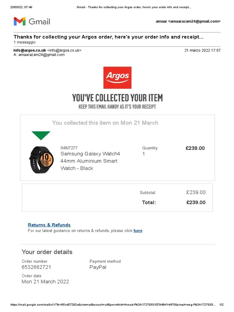 Gmail Thanks For Collecting Your Argos Order, Here's Your Order Info
