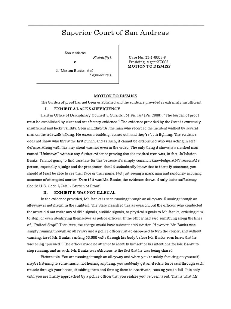 Motion to Dismiss PDF Burden Of Proof (Law) Evidence