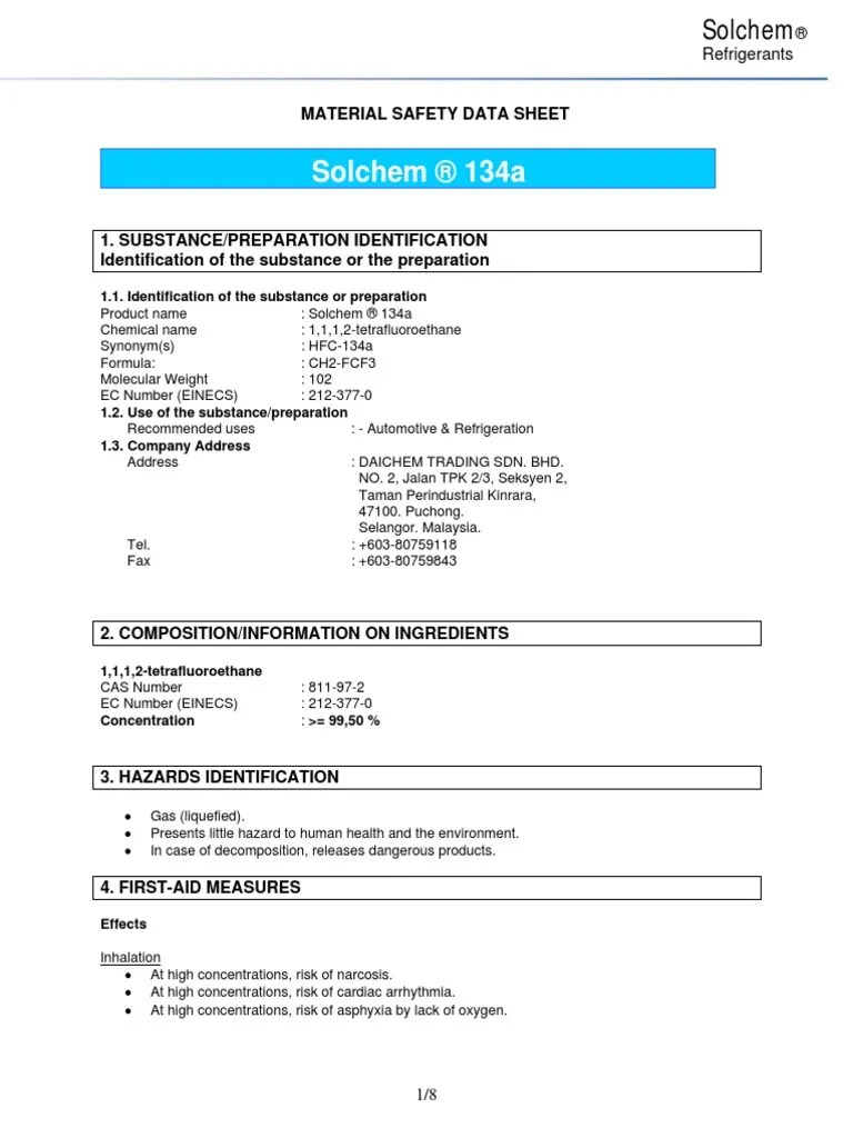 Material Safety Data Sheet 134a Solchem PDF Biodegradation Water
