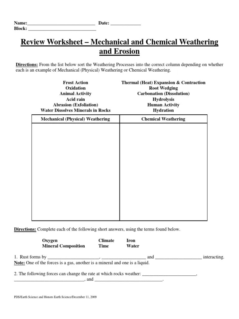 Mechanic and Chemical Weathering Worksheet PDF Weathering