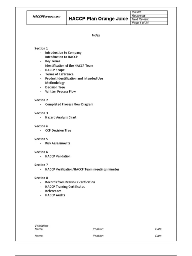 HACCP Plan Orange Juice Hazard Analysis And Critical Control Points