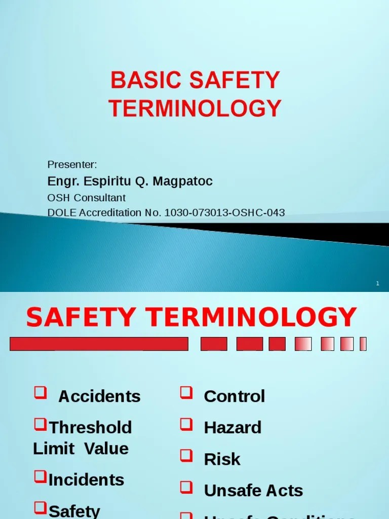 Basic Safety Terminologies PDF Hazards Safety