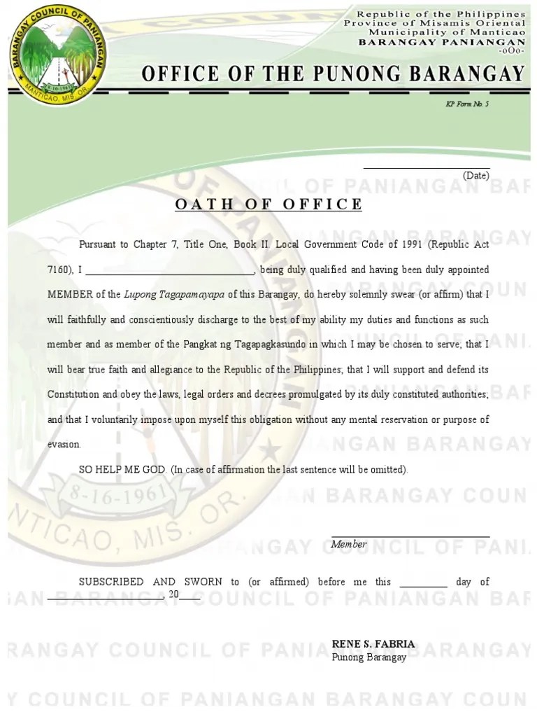 KP Form No. 5 (Oath of Office) PDF