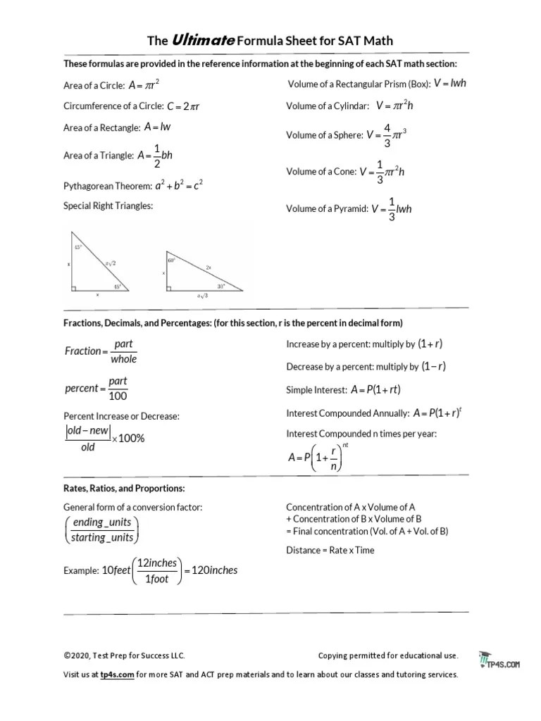 FormulaSheetfortheSAT Maths PDF Area Angle