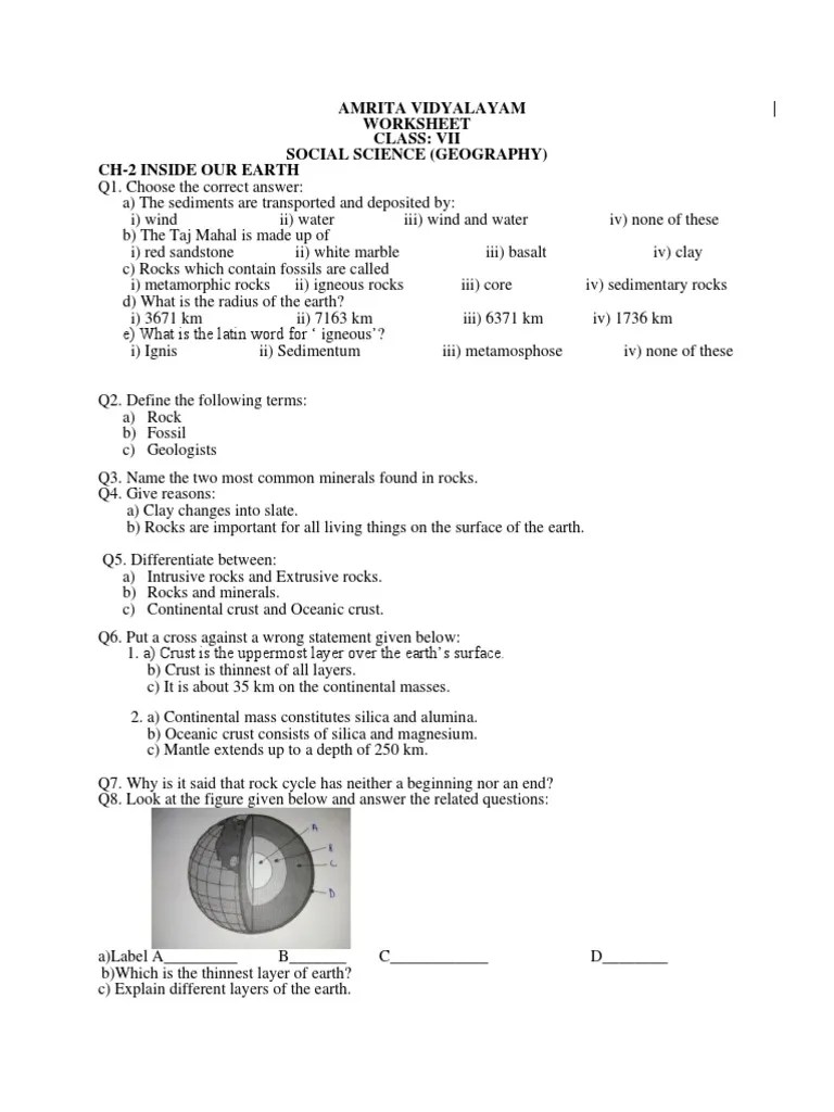WORKSHEET CH-2 Inside Our Earth | PDF