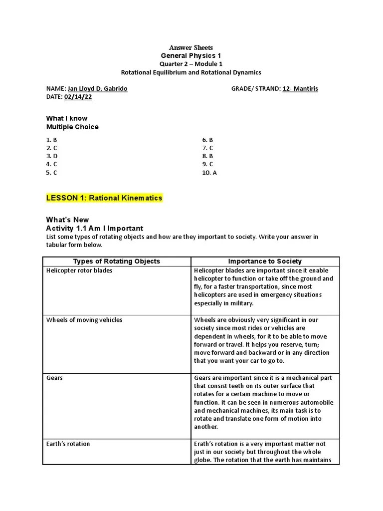 Answer Sheets - GENERAL PHYSICS 1 - Quarter 2 - Module 1 Rotational