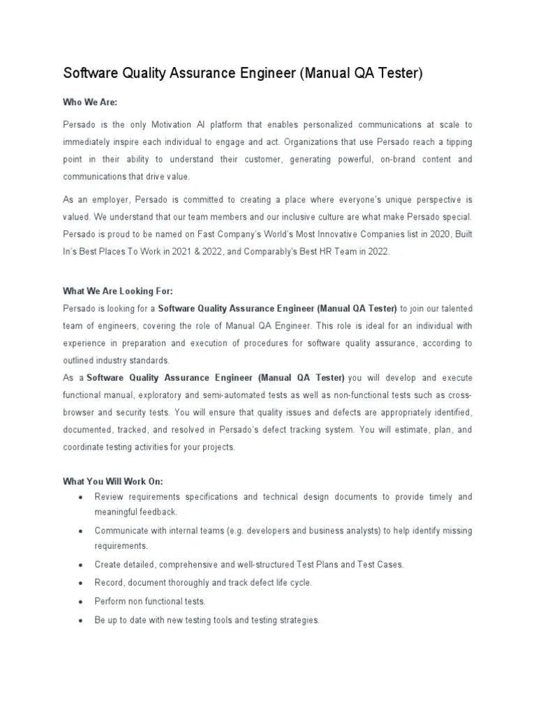 Software Quality Assurance Engineer (Manual QA Tester) Job