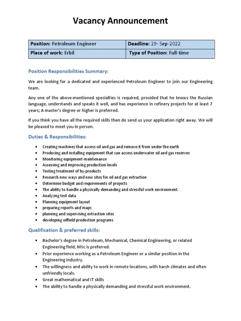 petroleum Engineer job offer PDF Engineering Petroleum