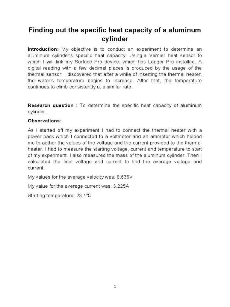 Specific Heat Capacity Experiment Paper PDF Heat Celsius