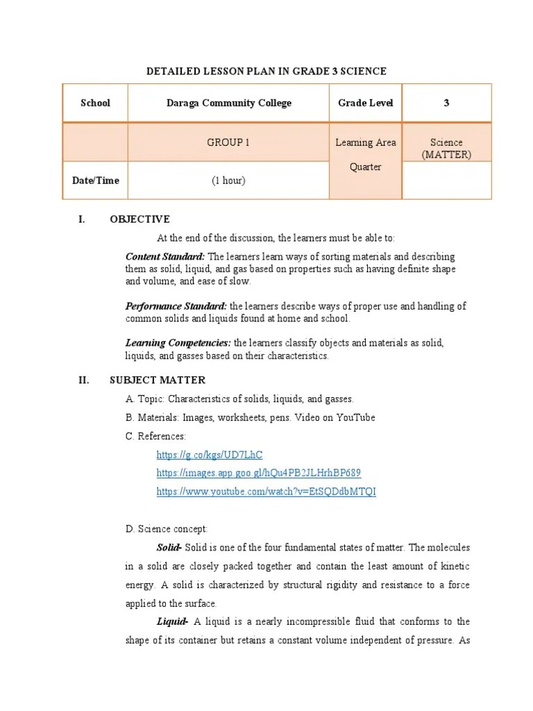 Detailed Lesson Plan in Grade 3 Science PDF Gases Solid
