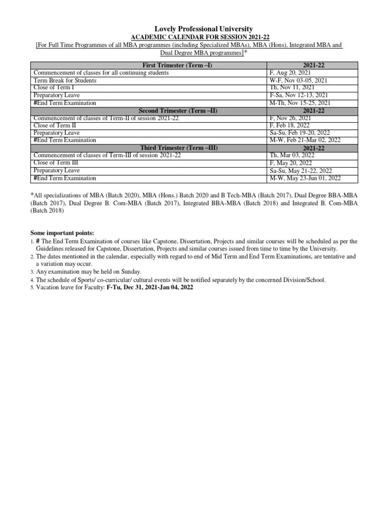 Academic Calendar For MBA Trimester System PDF Academic Term