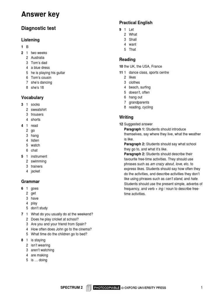 A Summary of an English Diagnostic Test Answer Key and