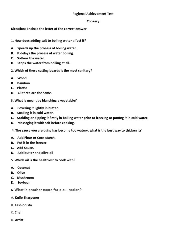 CHEF Quiz Multiple Choice Questions PDF Grilling Foods