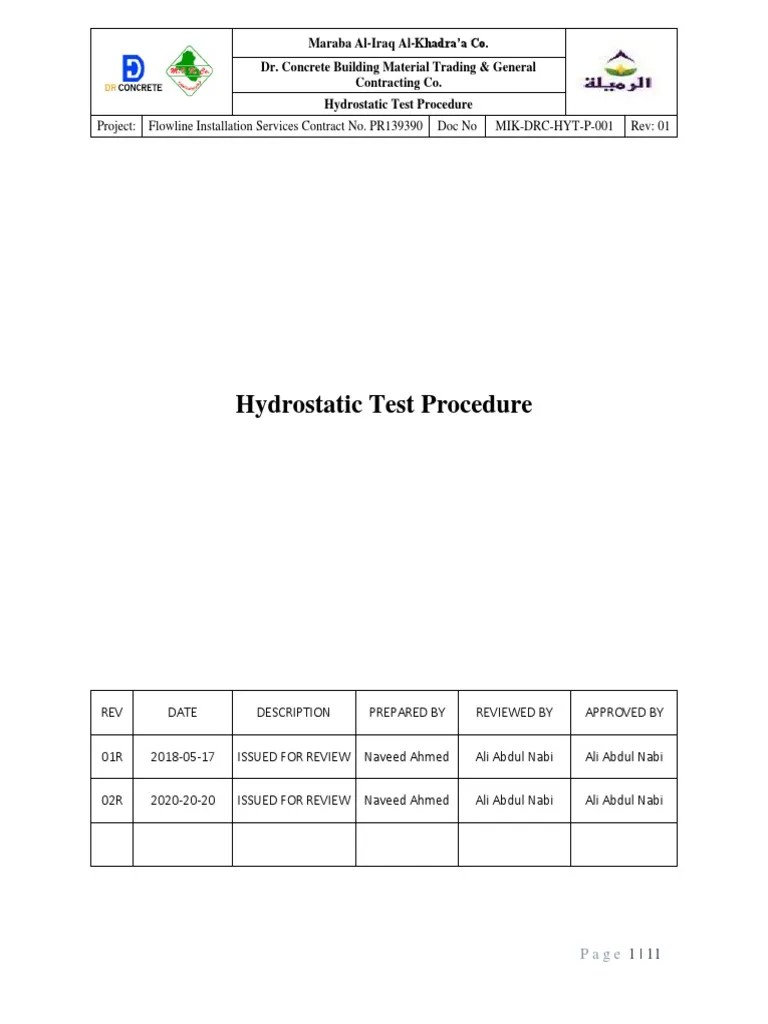 Hydro Test Procedure PDF Pipe (Fluid Conveyance) Plumbing