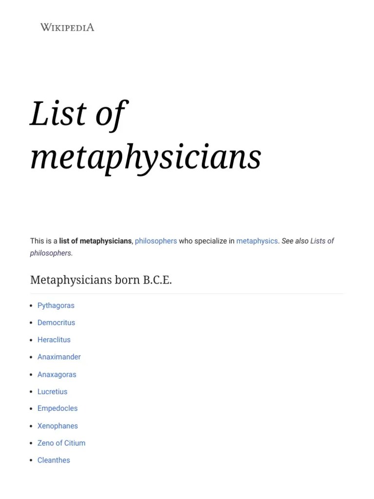 List of Metaphysicians Wikipedia PDF Metaphysics Contemporary