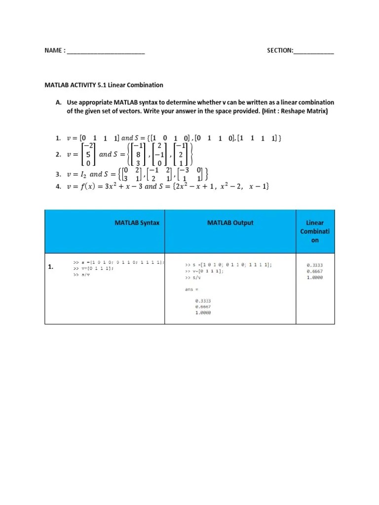 MATLAB 5.1 Linear Combination PDF