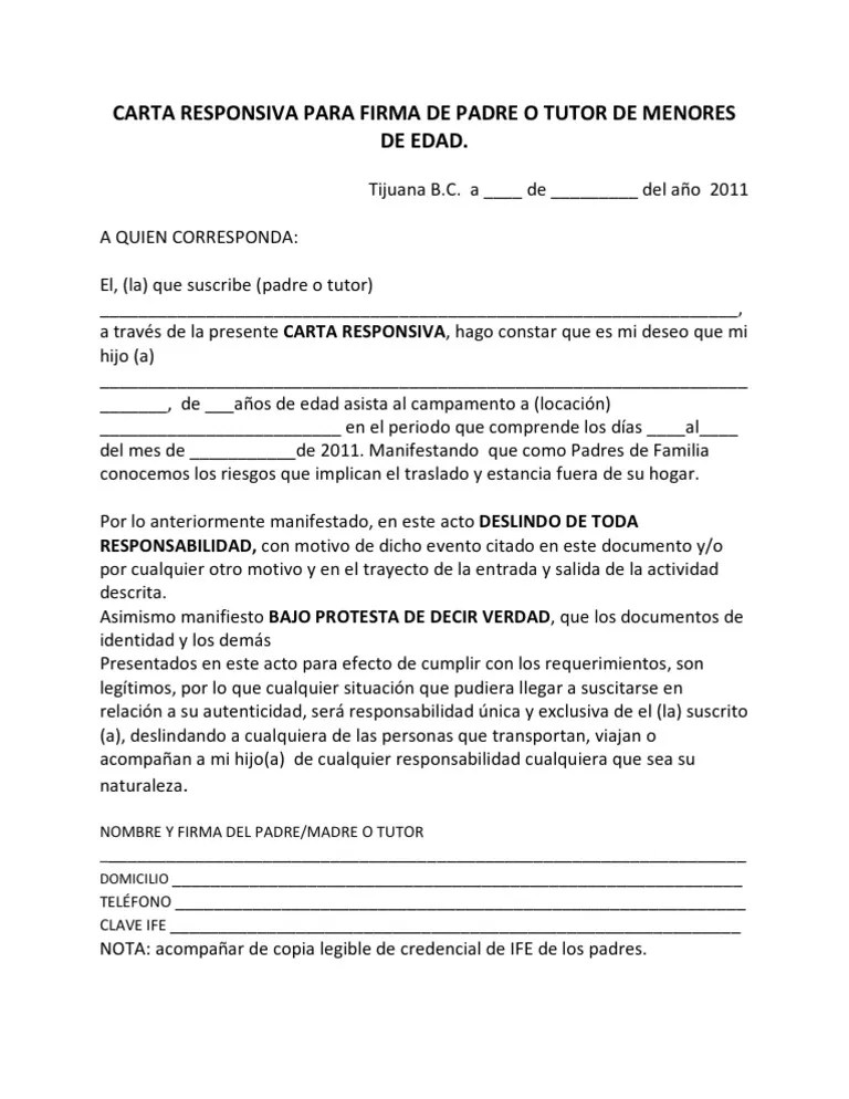 Carta Responsiva Para Firma de Padre o Tutor de Menores de