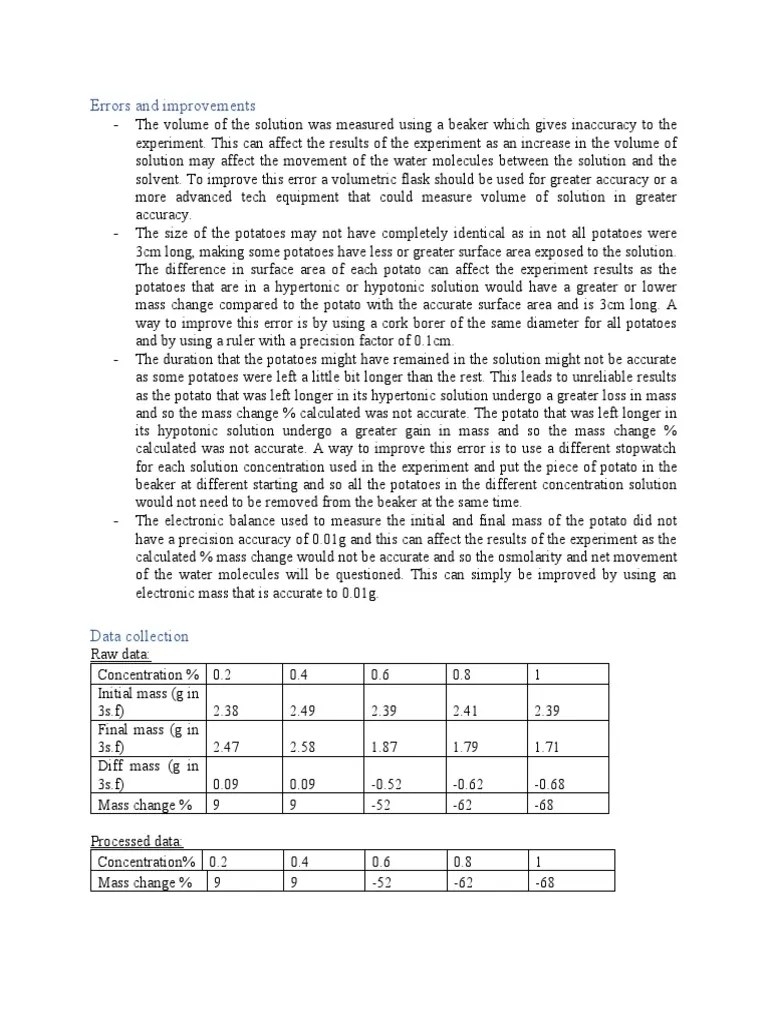 Potato Osmosis Lab Report PDF Concentration Applied And
