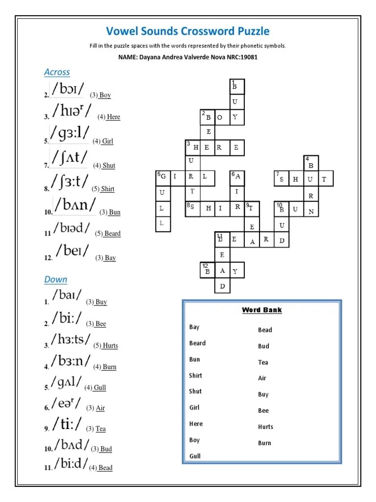 Vowel Sounds Crossword Puzzle DV PDF