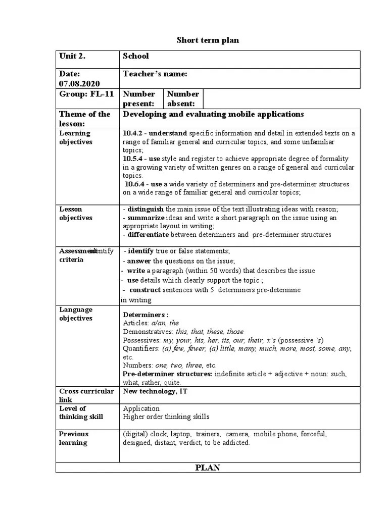 Short term plan, Akhmetova G. (копия) PDF Noun Linguistics