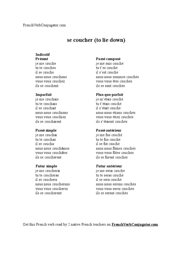 french verb se coucher Typologie linguistique Relations