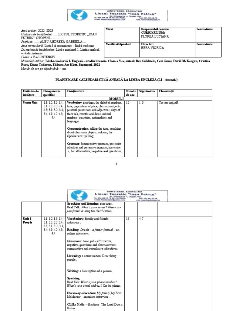 Art Limba Engleza Intensiv 5 2022 Planificare PDF Linguistics Grammar
