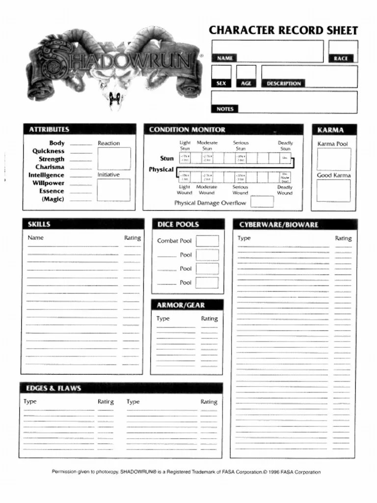 Shadowrun 1st Edition Character Sheet Form Fillable Pdf - Printable