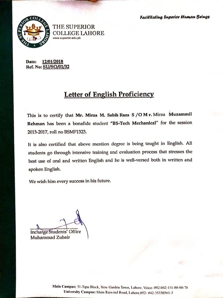 English Proficiency Letter PDF