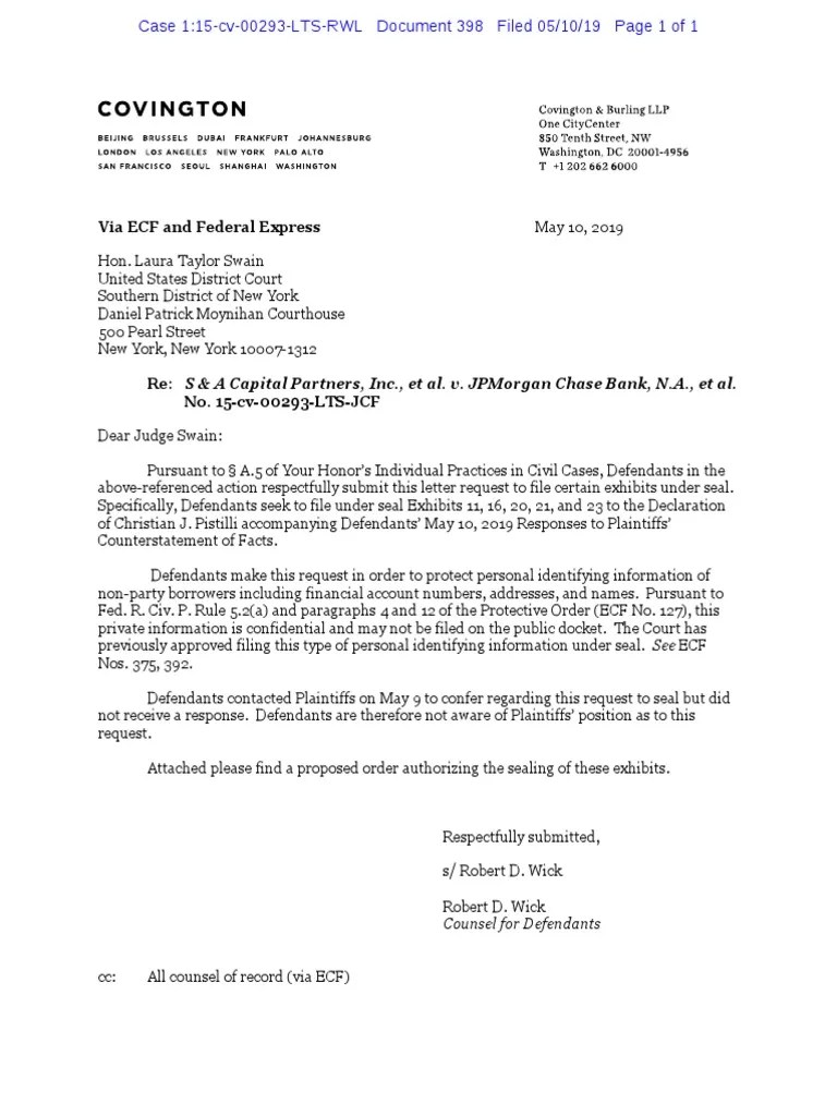 (1500293 398) LETTER MOTION For Leave To File Certain Exhibits Under