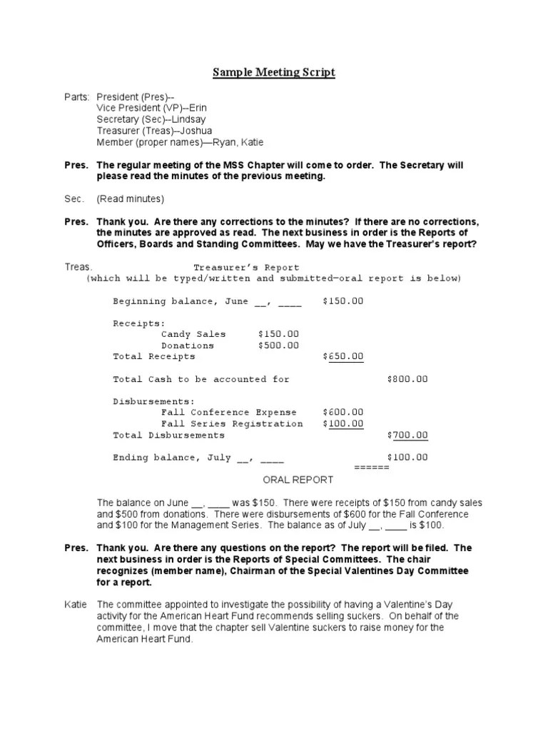 Sample Meeting Script Parliamentary Procedure Committee
