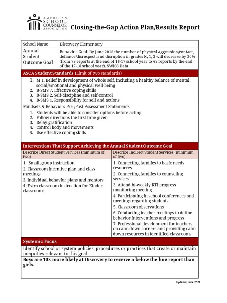 Behavior ClosingTheGapActionPlanAndResultsReport PDF Goal