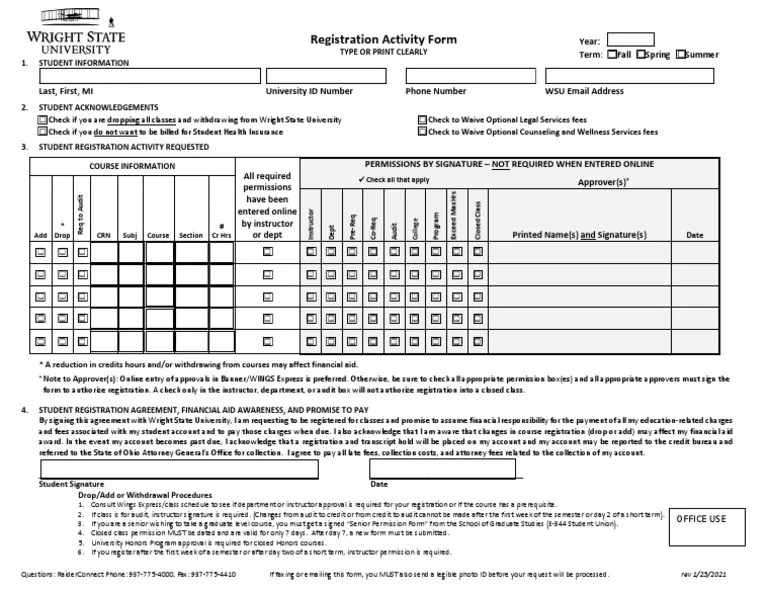 Registration Drop/Add Form PDF Fee