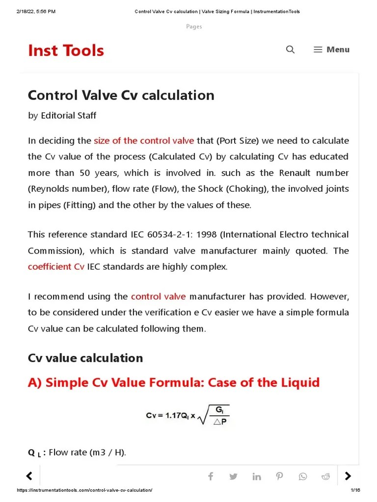 Control Valve CV Calculation Valve Sizing Formula