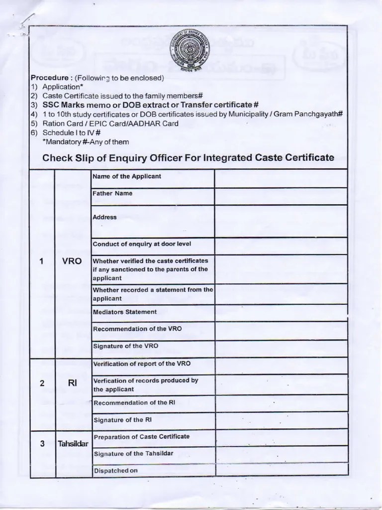 Caste Application Form PDF