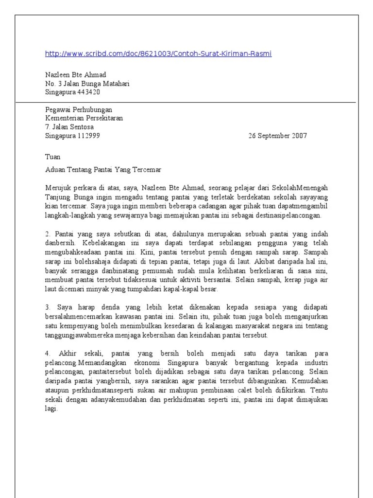 Contoh Surat Aduan Jalanraya