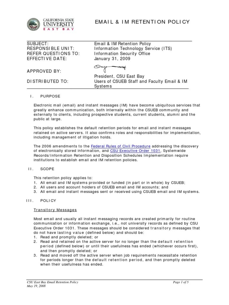 Email Retention Policy 2 Instant Messaging Email