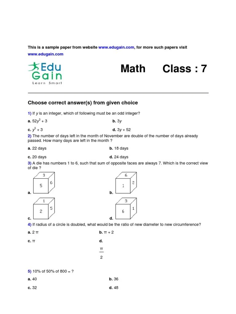 Class 7 Sample Math Olympiad Paper | Pi | Area