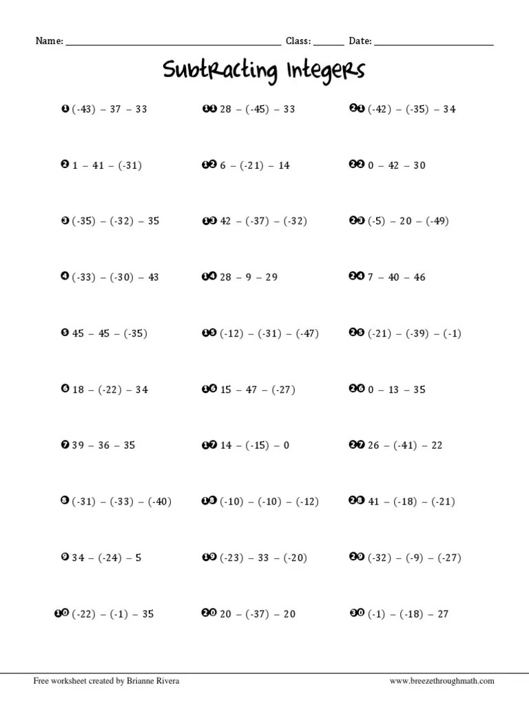 Subtracting Integers Free Worksheet Created by Brianne Rivera PDF