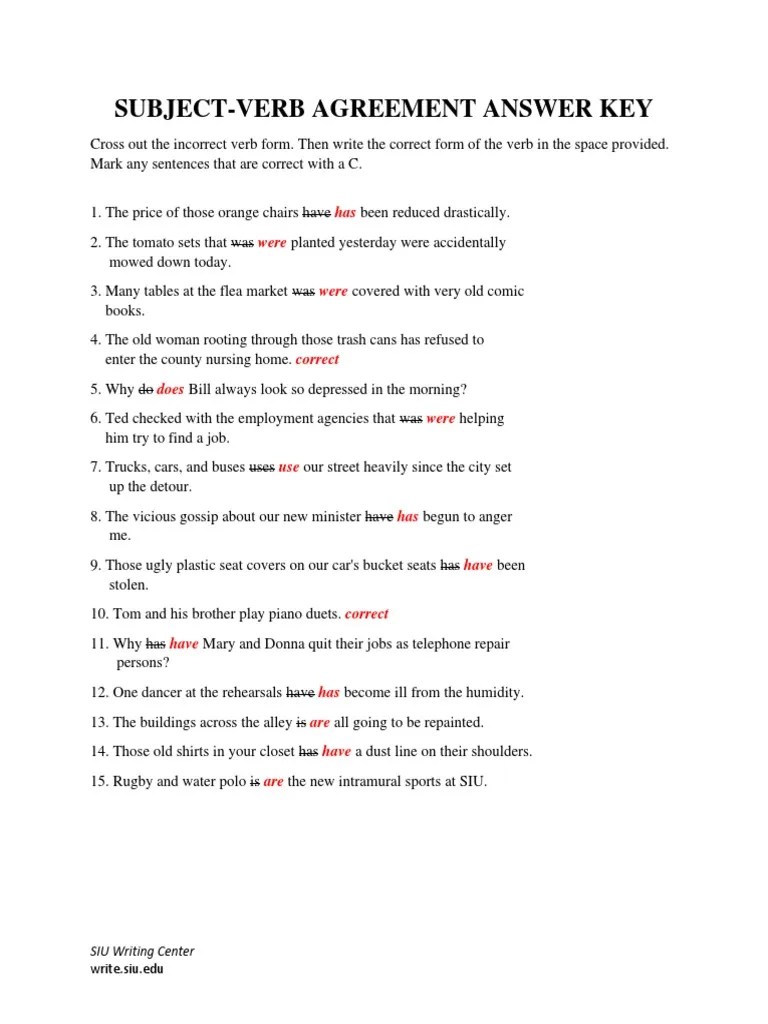 Subject Verb Agreement Answer Key | PDF