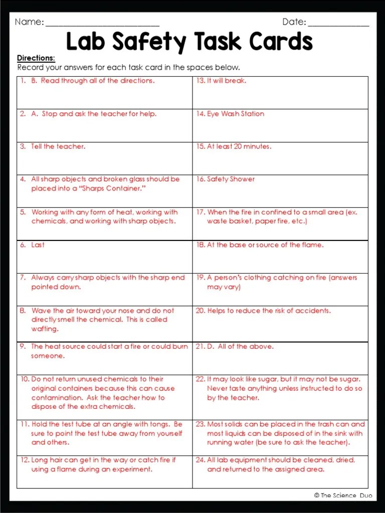 Task Cards Lab Safety ANSWERS PDF