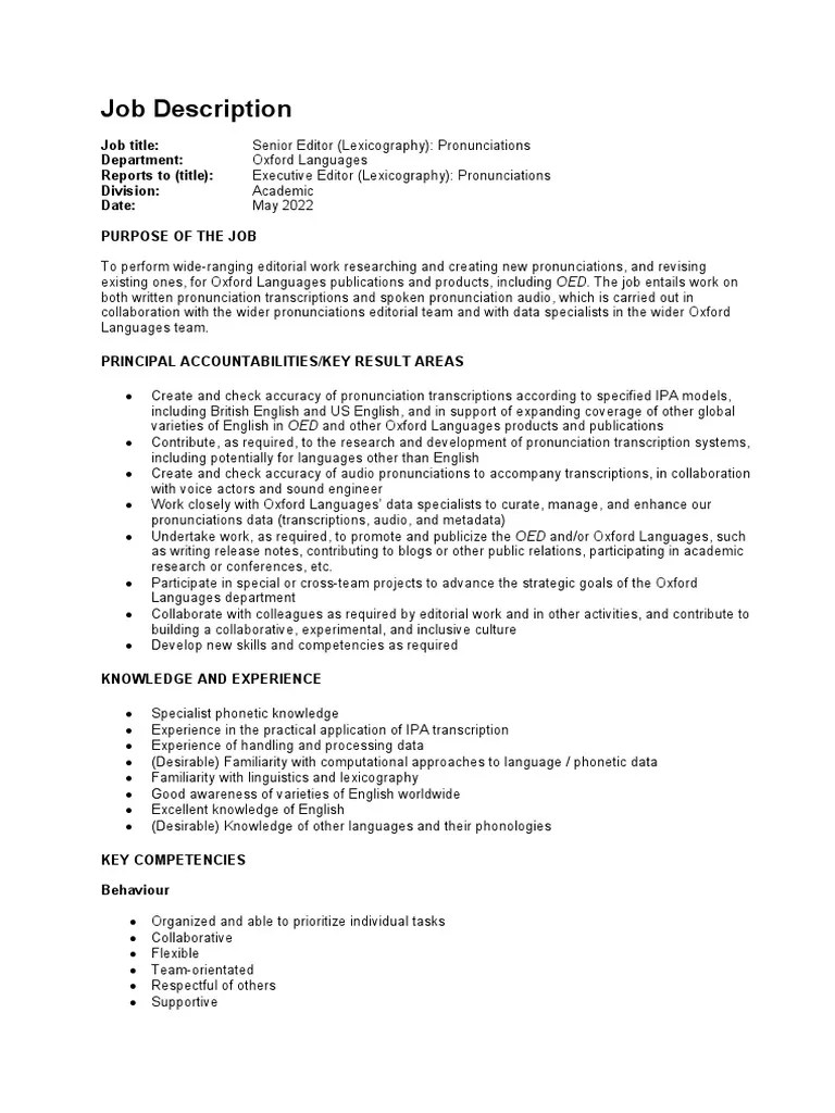 Pronunciations Editor Job Description PDF Lexicography English Language
