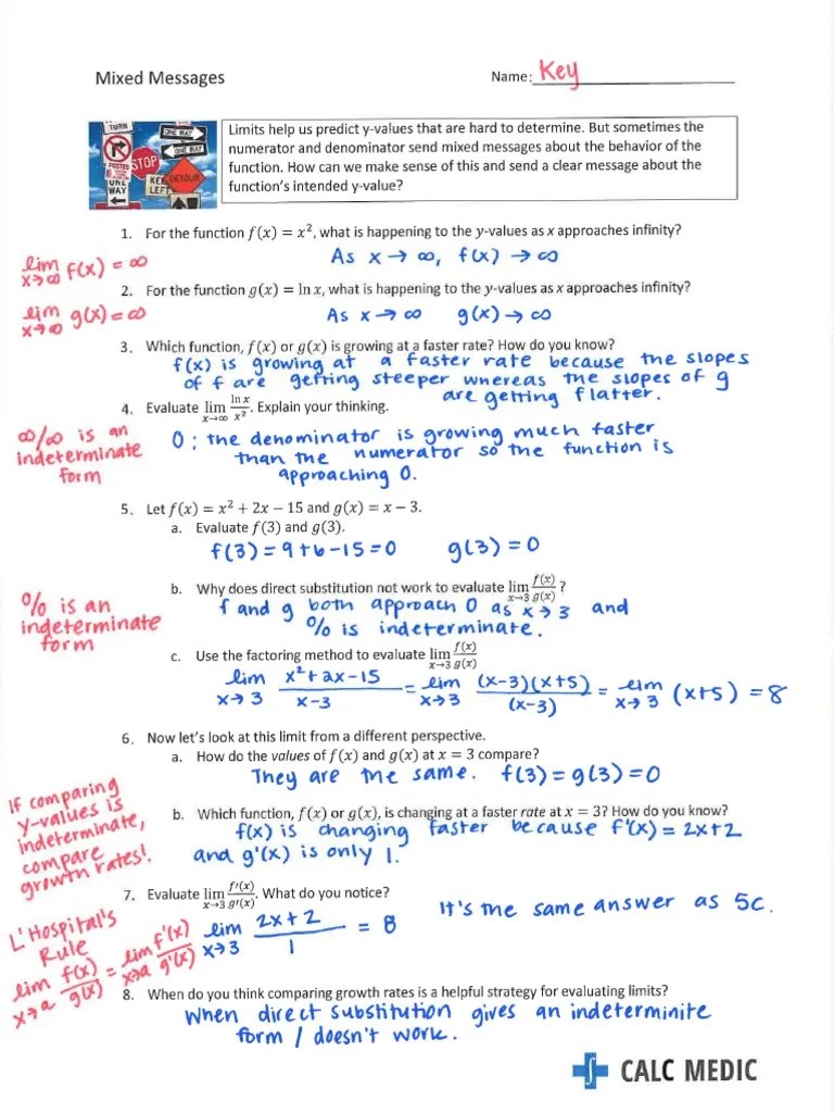 Calc Medic L'hopital's Rule Lesson Answer Key PDF