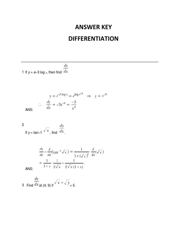 Differentiation Answer Key | PDF | Trigonometric Functions | Linear Algebra