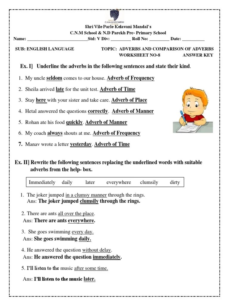 STD 5 ADVERBS WORKSHEET Answer Key PDF Adverb Semantics
