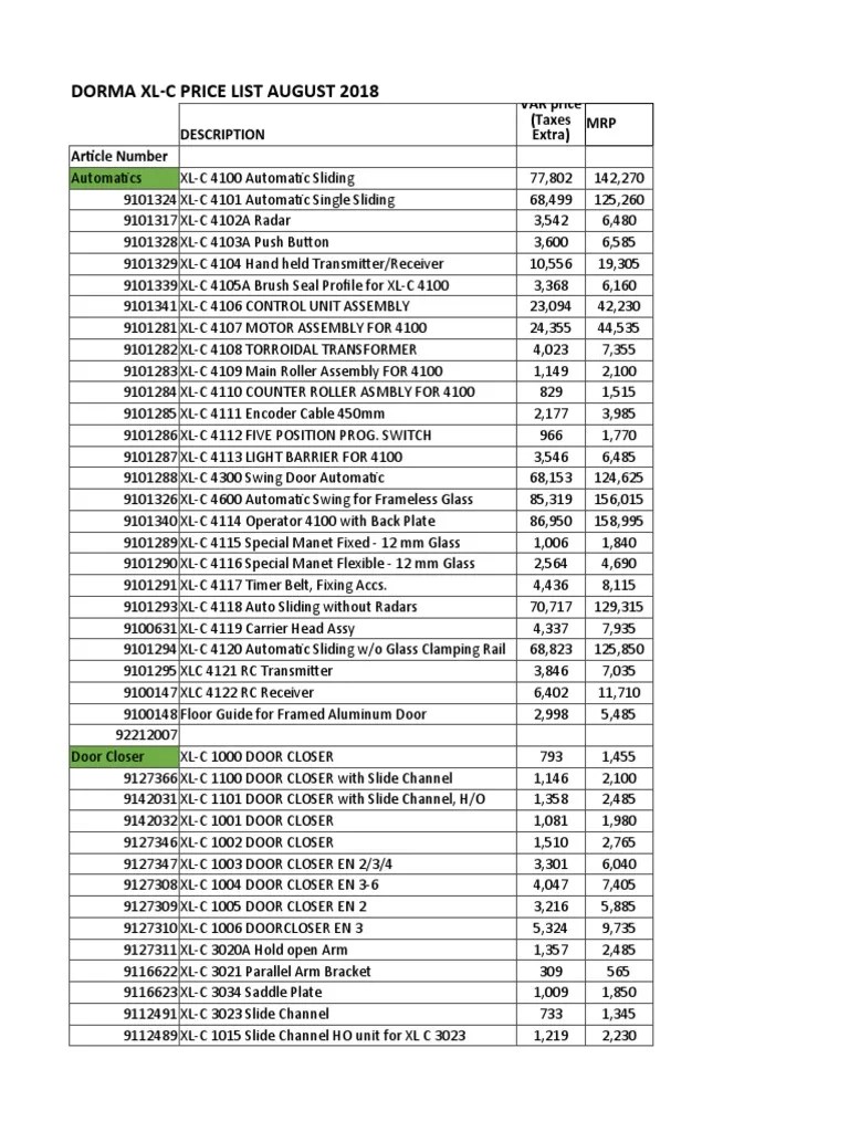 Price List of Dorma Hardware 2018 PDF Door Components