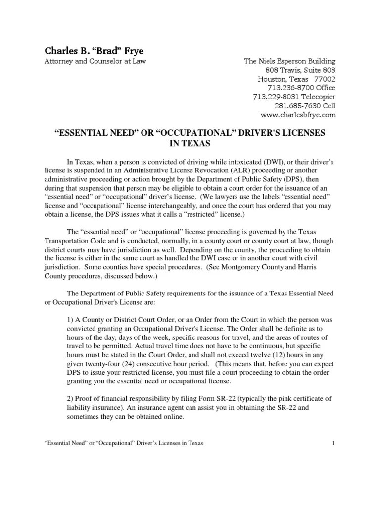 "Essential Need" and "Occupational" Licenses in Texas Driving Under