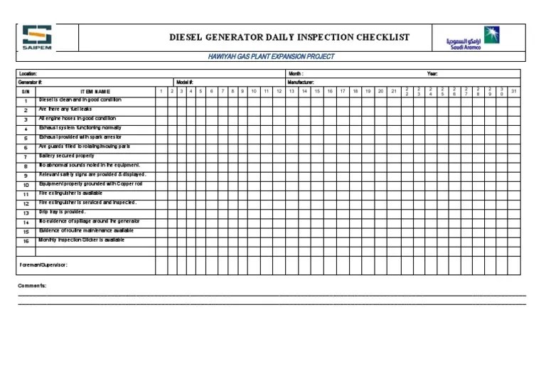 Welding Generator Checklist PDF
